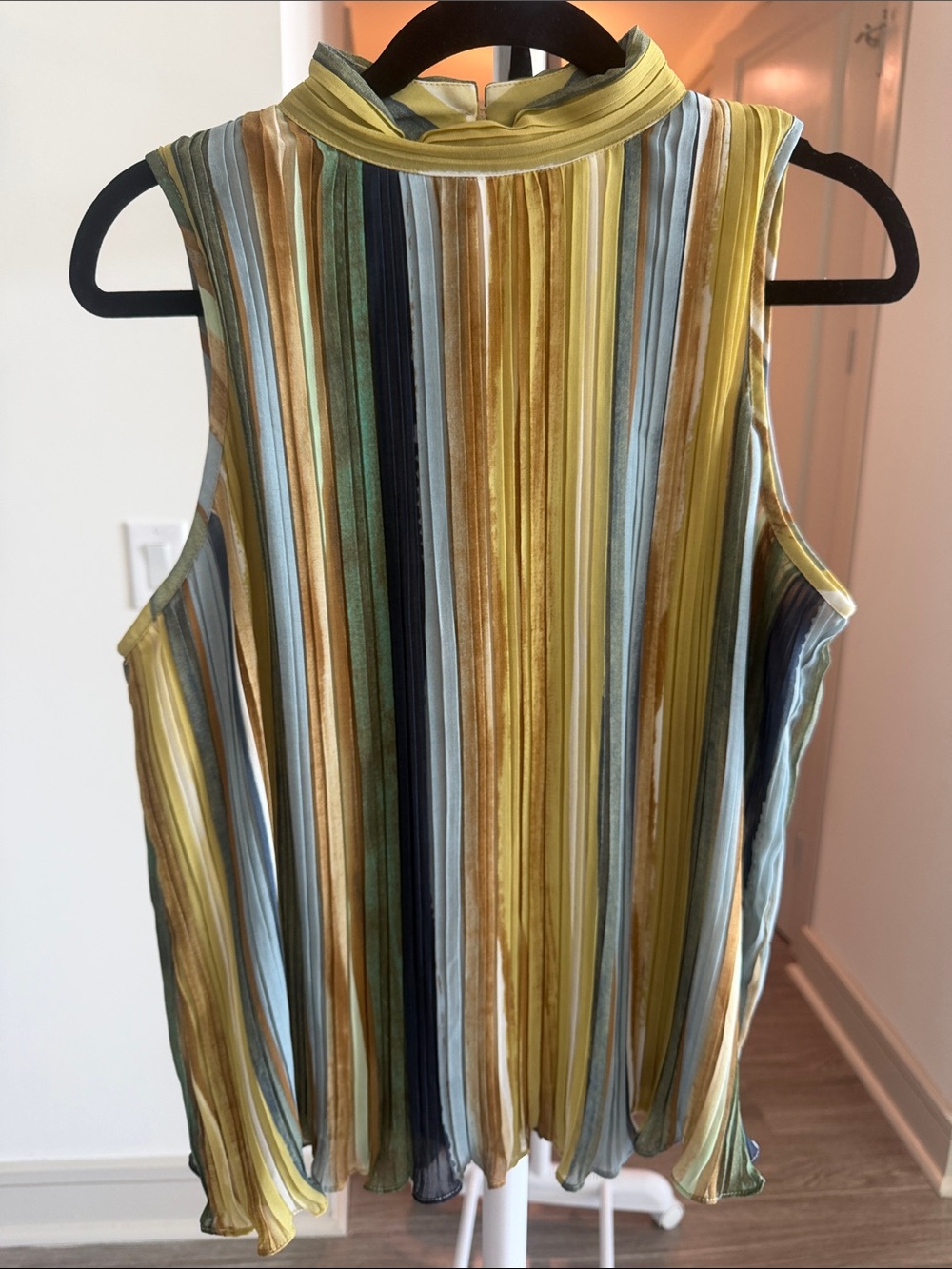 Adrianna Papell Sleeveless Mock Neck Striped Tank - Yellow, Green, Blue